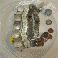 NICE LOT OF COIN BRACELETS & COINS.