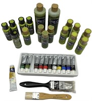 Set of Green Acrylic Paint and Brushes