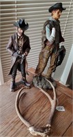2 Cowboy Statues & Deer Antlers