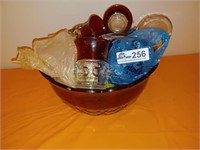 Ruby Red and Clear Punch Bowl and cups