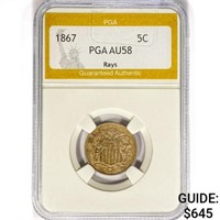 1867 Shield Nickel PGA AU58 Rays