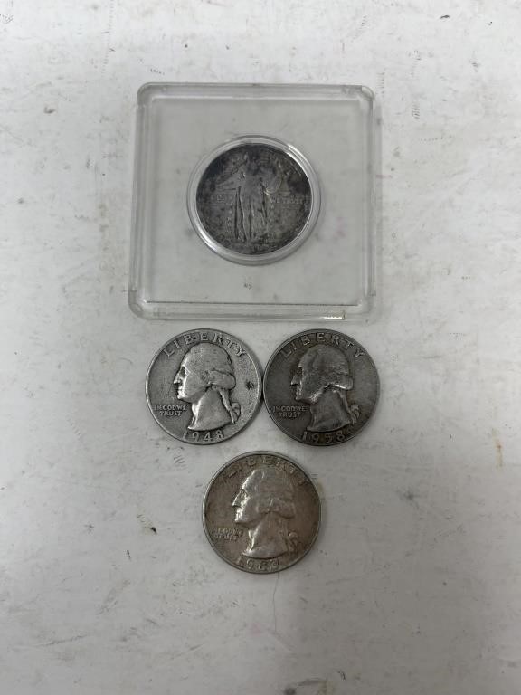 Coins-Standing Liberty quarter and 3 quarters