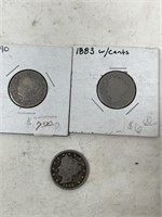 Coins-3 old nickels-1883, 1890 and 1906