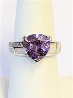 .925 Silver Trillion Shape Amethyst, Opal Ring S