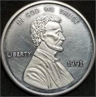 1 Troy Oz .999 Fine Silver 1991 Lincoln Cent