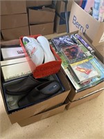 4 boxes shoes, DVDs, VHS, CDs, and more recent