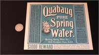 Vintage QUABAUG Spring Water 5 Gallon Label