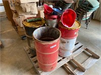 PALLET OF GREASE, BARRELS, FUNNELS