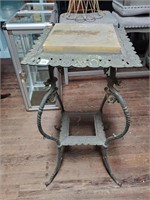 Vtg. Cast Iron Marble Top Stand w/Koe Fishe Design