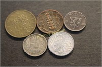 FIVE VINTAGE MID 1900'S EUROPEAN COINS, ITALY,