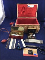 Vintage Rattan Sewing Box and Contents