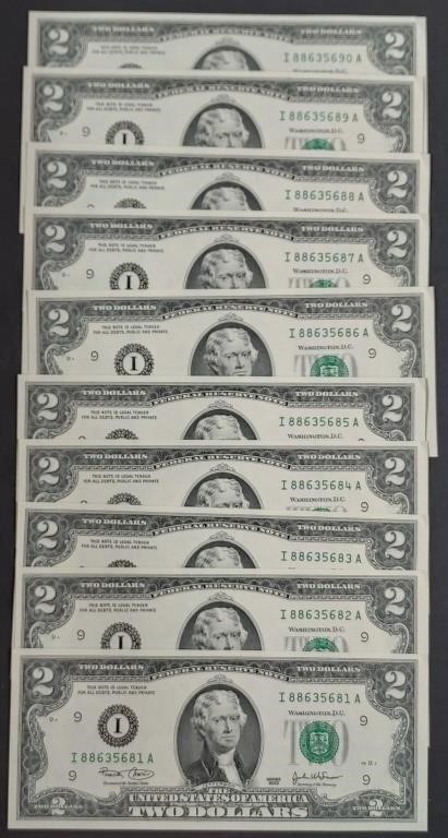 10 Consecutive  2003  $2 FRN's Green Seals   Unc