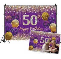 (new)7*5ft, Purple Gold Glitter 50th Birthday