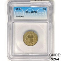 1867 Shield Nickel ICG AU58 No Rays