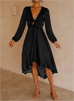 XXL Satin Fashion V Neck Self Tie Long Sleeve dres