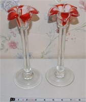 Vintage pair red & white blown glass candlesticks