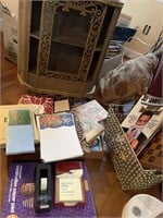 Vintage shelf, paper goods, beaded basket &
