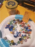 Antique JIF peanut butter jar & 85 toy marbles