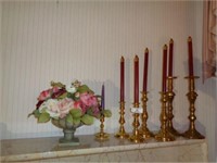Brass Candleholders & Floral Arrangement on Mantle