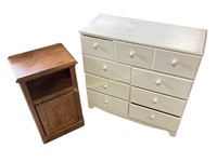 Painted chest of drawers, pressed wood cabinet.