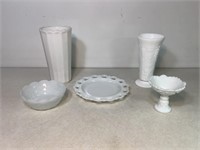 5pc Milk Glass, 2 Vases, Bowl, Candy Dish, Plate