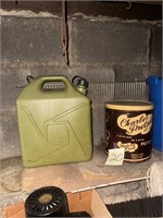 Plastic Jerry can and CHARLES chips advertise Tin