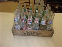24 Vintage Glass Soda Bottles and Wood Crate