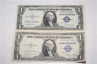 2-US $1.00 SILVER CERTIFICATE BANK NOTES !