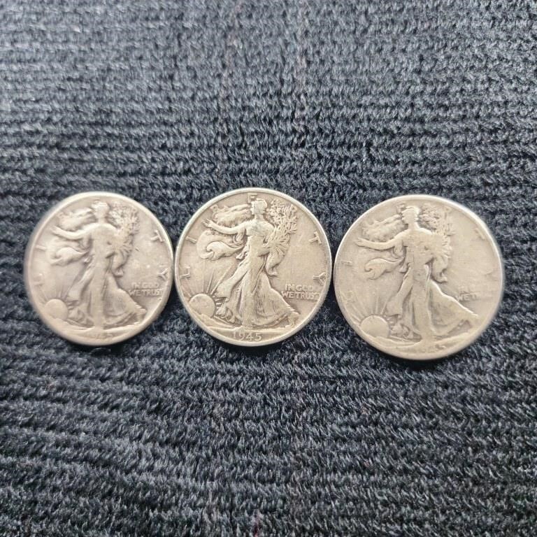 3 1945 Walking Liberty Half Dollars, 1 is 1945