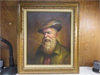 ~ Framed Oil On Canvas Old Man Smoking Pipe