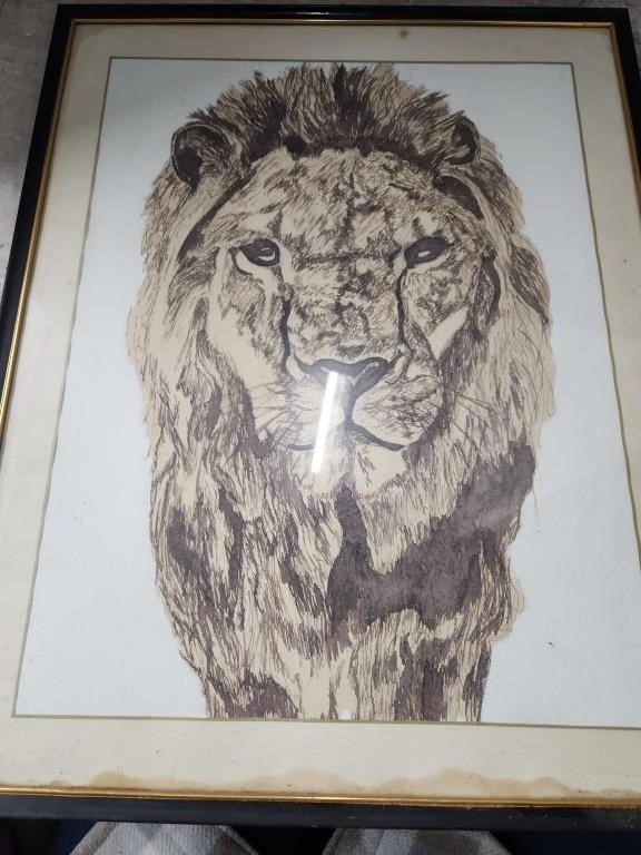 Lion Print? In heavy glass frame water damage on