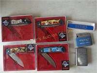 4 Hawk pocket knives, 2 lighters, etc