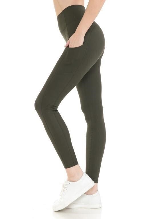 Side Pockets Active Yoga Leggings Pants-L, Olive