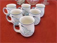 Set of 6 White Stoneware Seagull Coffee Mugs