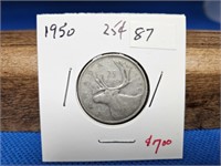 1-1950 25 CENT SILVER COIN