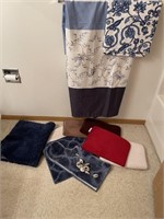Bathroom accessories, shower curtain, rugs