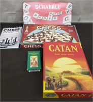 Chess Board w/ Instructions, Scrabble, Catan &
