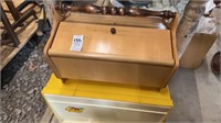 Wooden sewing box and yellow bread crate (sewing