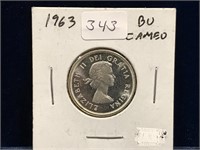 1963 Canadian Silver 25 Cent Piece  BU  Cameo