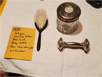 Antique sterling silver baby rattle brush hair jar