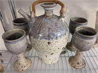 STUDIO POTTERY JUG AND 4 GOBLETS