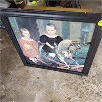 OLD FRAMED CHILDREN PLAYING PICTURE