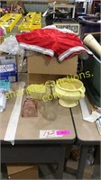 Pink and yellow glassware, sport uniforms,