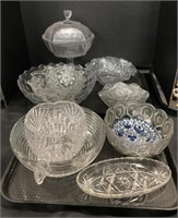 2 Trays Pressed Glass, Blue Floral Japanese.