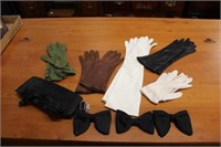 5prs Vintage Leather Gloves, Silk Bow Ties
