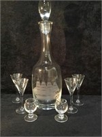 Crystal Decanter With Etched Ship and 6 Glasses