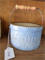 Antique wood handle butter crock blue