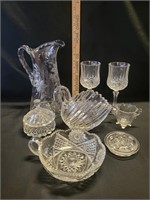Clear Glassware: Etched Pitcher, Candy Dish