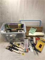 Tote of Sand Paper, Paint Brushes, Rollers & More
