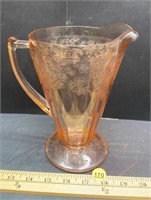 Pink Depression Glass Pitcher (8"H). Chip on